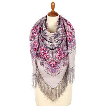 Pavlovo Posad 俄羅斯羊毛披肩圍巾 100% 羊毛 125x125 公分 絲綢流蘇 2016-1