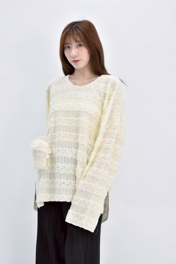 (F) runway質感針織花紋杏色長袖上衣