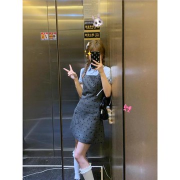 (免運)灰色波點吊帶連衣裙小個子高級感背心裙夏季千金感miu系穿搭套裝
