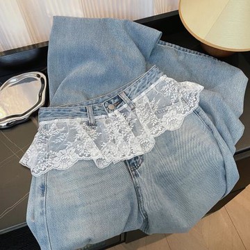 專柜撤回剪標蕾絲拼接高腰直筒褲女春季新款設計感百搭顯瘦牛仔褲