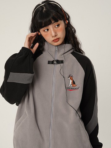 odd maker 拼色插肩搖粒短外套日系復古設計感刺繡立領開衫外套女