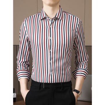 豎條紋男士襯衫長袖春秋季韓版修身潮流商務休閑高級感高檔襯衣土