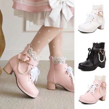 Sp house 甜美精靈蕾絲花邊超大小碼粗跟短靴(3色可選)