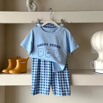 萊卡薄款短袖寬褲家居服套裝/空調服-熊熊+格子褲-藍色
