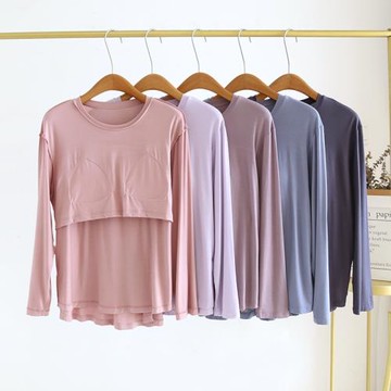 睡衣女長袖T恤帶胸墊莫代爾薄款免文胸夏季上衣單件可外穿家居服