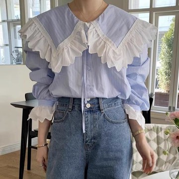 韓國chic早秋甜美減齡花邊海軍領寬松百搭系帶長袖條紋襯衫上衣女