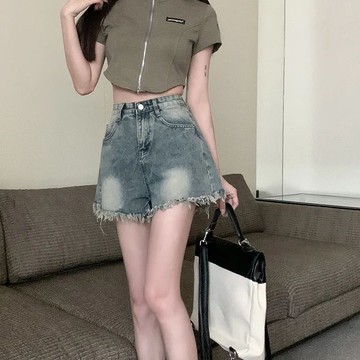 牛仔短褲女夏季新款 ins辣妹 小個子高腰 寬鬆顯瘦 a字毛邊熱褲子 短褲 牛仔褲女 牛仔短褲 辣妹短褲 顯瘦牛仔褲