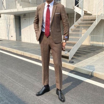 粗花呢子西服套裝男休閑修身正裝韓版潮流新郎結婚禮服小西裝英倫
