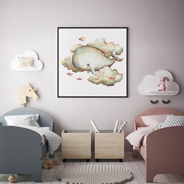 抹香鯨的幻想世界-童趣海洋鯨魚掛畫/兒童房裝飾畫/手繪大海雲朵