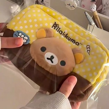 輕松熊筆袋 可愛日系卡通波點立體輕松熊文具盒毛絨化妝包筆袋文具高顏值收納