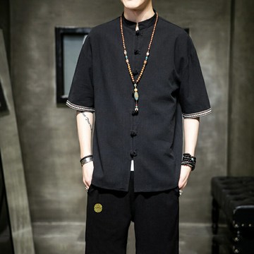 亞麻短袖襯衫男中國風 盤扣唐裝五分袖衣服復古風青年中山裝外套潮