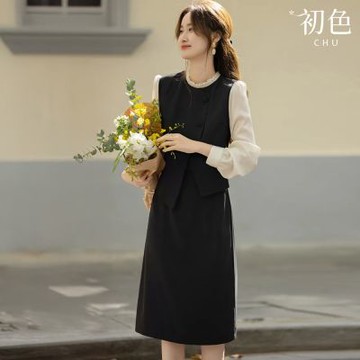 初色 輕熟風拼接撞色假兩件木耳邊立領長袖高腰A字裙中長裙連衣裙連身洋裝-黑色-16412(M-2XL可選)