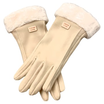 WOONUE 女士超高質感親膚羊毛加絨防寒雙層可觸控手套  奶茶杏名媛款