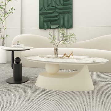 免運 開發票 橢圓形奶油風巖板茶幾簡約小戶型設計師輕奢桌子現代網紅家用客廳 快速出貨