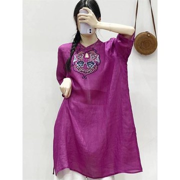 民族風重工刺繡上衣女中長款2025夏季新款高端苧麻連衣裙棉麻茶服