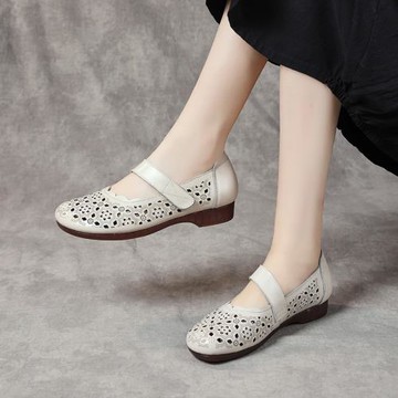 夏季真皮牛筋底媽媽鞋鏤空軟底舒適平底包頭防滑中老年老人奶奶涼