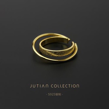 JUTIAN雙層圈圈磨砂純銀戒指女指環網紅潮人食指個性金色簡約銀飾