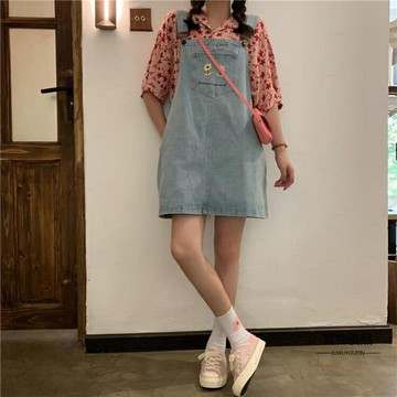 牛仔背帶連衣裙中長款裙寬鬆韓版學生【聚物優品】