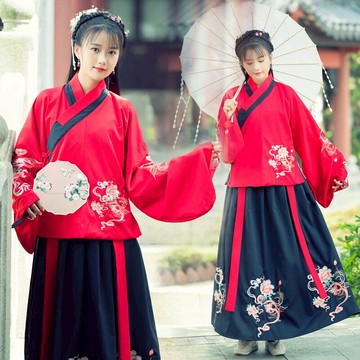 原創中國風漢服刺繡花交領雙層長袖琵琶袖襦裙襖裙齊腰套裝秋冬季1入