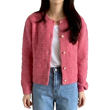 復古小香風圓領針織外套 F  粉紅