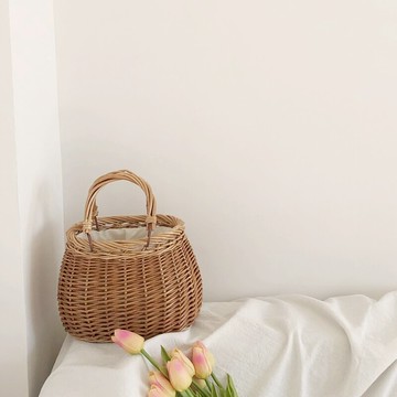 藤編包ins草編包橢圓森系籃子簍子復古文藝手工編織包度假手提包1入