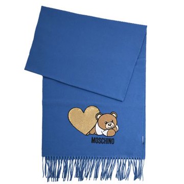 MOSCHINO 亮片愛心可愛小熊圖案羊毛流蘇款長圍巾(藍)
