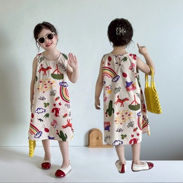 【中小女童夏季新品】-彩虹塗鴉彩印無袖洋裝