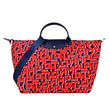 LONGCHAMP  LE PLIAGE LGP系列滿版字母尼龍短把兩用水餃旅行袋(大/紅X海軍藍)