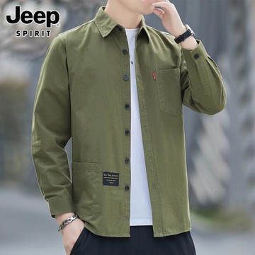 JEEP SPIRIT長袖襯衫男士秋季免燙休閑上衣外穿工裝潮流襯衣外套