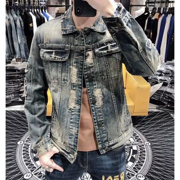 春秋季復古做舊機車牛仔外套男韓版修身潮流帥氣破洞夾克新款上衣