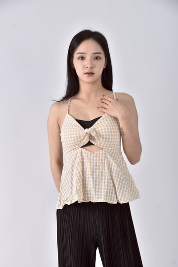 (XS（含）以下) 【徐翎Lynn私服】格紋無袖黃色上衣