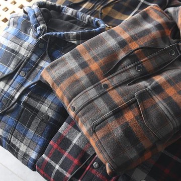 歐美單！美式電影硬漢風！秋冬男士外貿加絨加厚連帽格子休閑外套