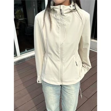 修身歐貨韓系連帽拉鏈純色戶外沖鋒衣短外套女春季2025年夾克外套