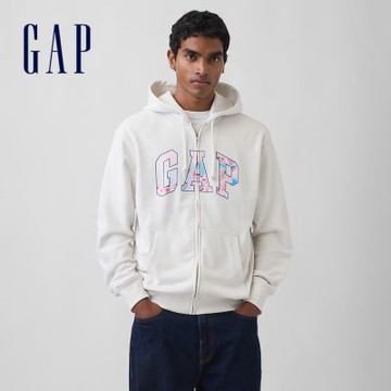 【GAP】VintageSoft毛圈布櫻花 Logo 拉鍊連帽運動衫-卡爾石色/制服深藍(887920)