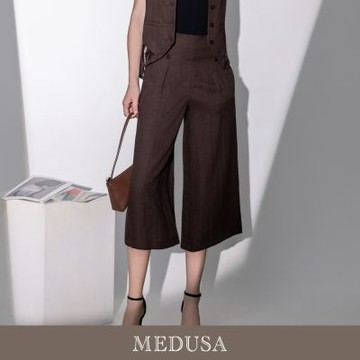 現貨【MEDUSA 曼度莎】棕色天絲率性排釦壓褶七分直筒褲（M-XL）｜西裝褲穿搭 都會穿搭 女西裝