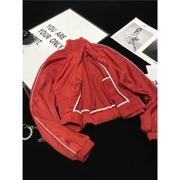 CCA自制ins博主款仿綢緞紅色亮面棒球服撞色條紋醋酸緞面夾克外套