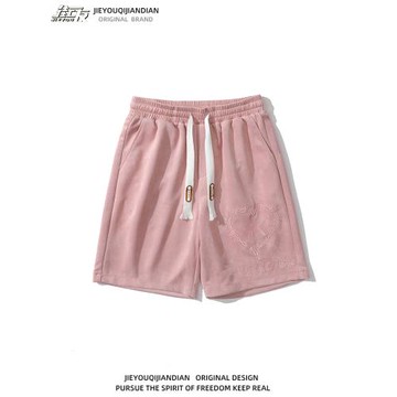 vintage荊棘刺繡麂皮絨粉色休閑短褲男女寬松百搭五分過膝中褲潮