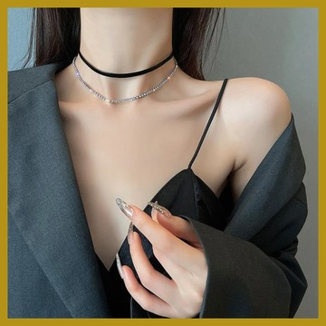輕奢小衆氣質鎖骨鏈 雙層頸鏈黑色皮革項圈 Choker鎖骨鏈 閃鑽項鏈女