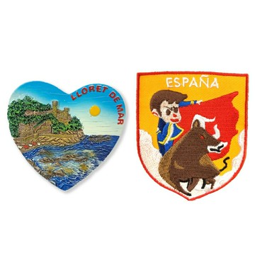 西班牙濱海略雷特愛心3D立體冰箱貼+西班牙 鬥牛士 ESPANA布藝徽章【2件組】旅遊磁鐵 外國地標磁鐵 可愛磁鐵 冰箱貼