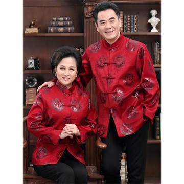 秋冬中老年情侶唐裝男老人生日過壽星金婚紅色禮服爺爺奶奶棉衣服