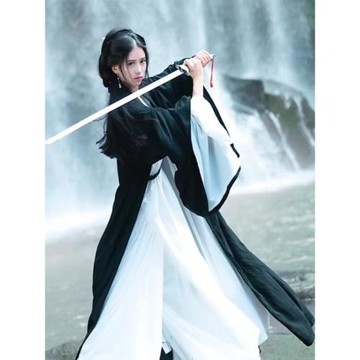 正品原創漢服女魏晉風俠客古裝黑色古風仙氣飄逸中國風演出服套裝
