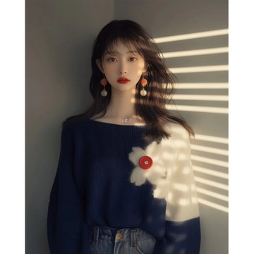冬天衣服 日系穿搭 設計感女裝 慵懶風 宽松黑白色拼接毛衣 韓版长袖針織衫女上衣