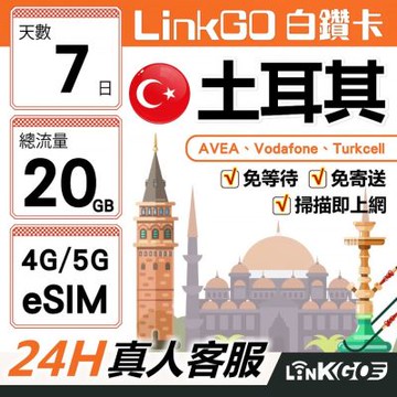 【LinkGO】白鑽卡 土耳其 eSIM卡 7天上網卡 總流量20GB 高速流量(土耳其網卡 伊斯坦堡 卡帕多奇亞)