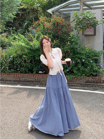 【missy shop】雲夢蝶鯨綁帶燒花蕾絲上衣格紋長裙套裝-82662