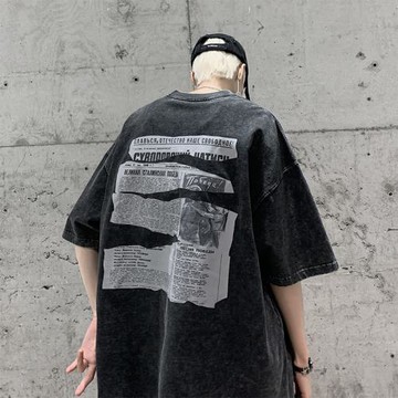 報紙重磅短袖t恤男款潮牌潮流寬松大碼夏季美式高街水洗做舊衣服