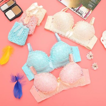 蕾絲性感文胸聚攏小胸收副乳學生高中少女無鋼圈內衣內褲套裝女薄