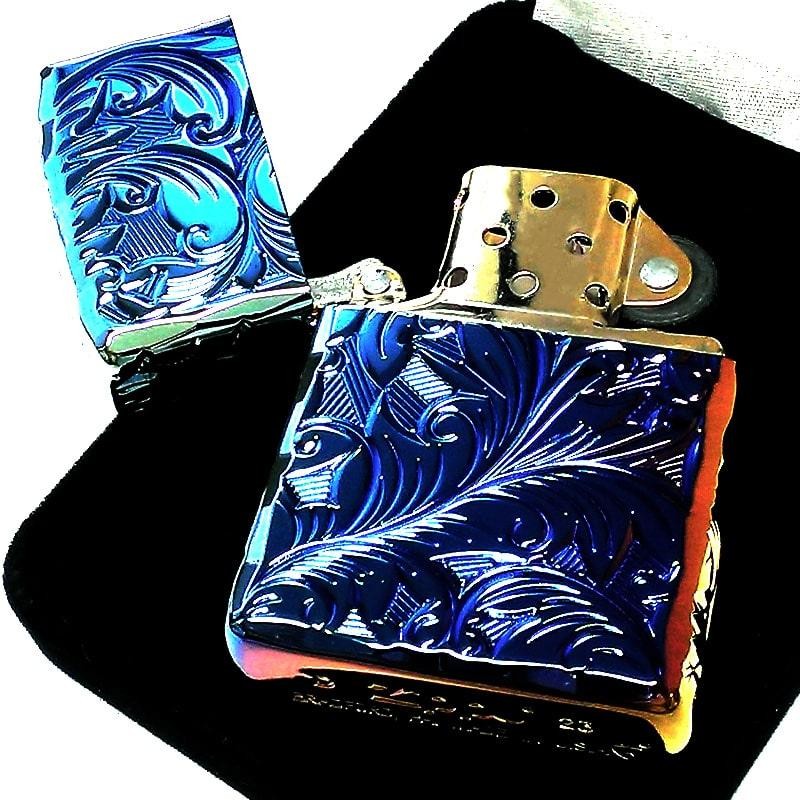 ZIPPO アーマー ジッポ ライター ５面立体彫刻 唐草 リーフ レインボー ブルーベース チタン加工 金タンク 深彫り 虹色 かっこいい 重厚  高級 メンズ | LINEブランドカタログ