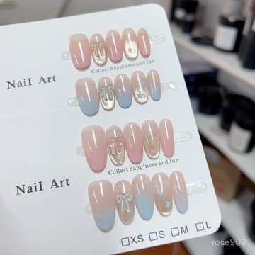 ➕最新設計款穿戴甲💅粉藍星語輕甜係蝴蝶結拍拍貓眼漸變顯白氣質高級感手工穿戴甲甲片短橢圓穿戴甲 FEG6