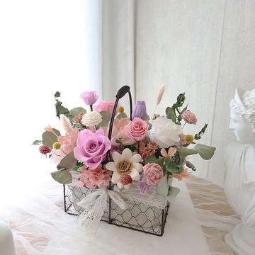 T31粉紫色系永生花籃/永生花籃/永生花桌花/開幕盆花/開幕桌花