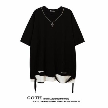 GOTH 暗黑潮牌假兩件設計感項鏈短袖t恤男女情侶裝嘻哈破洞半截袖